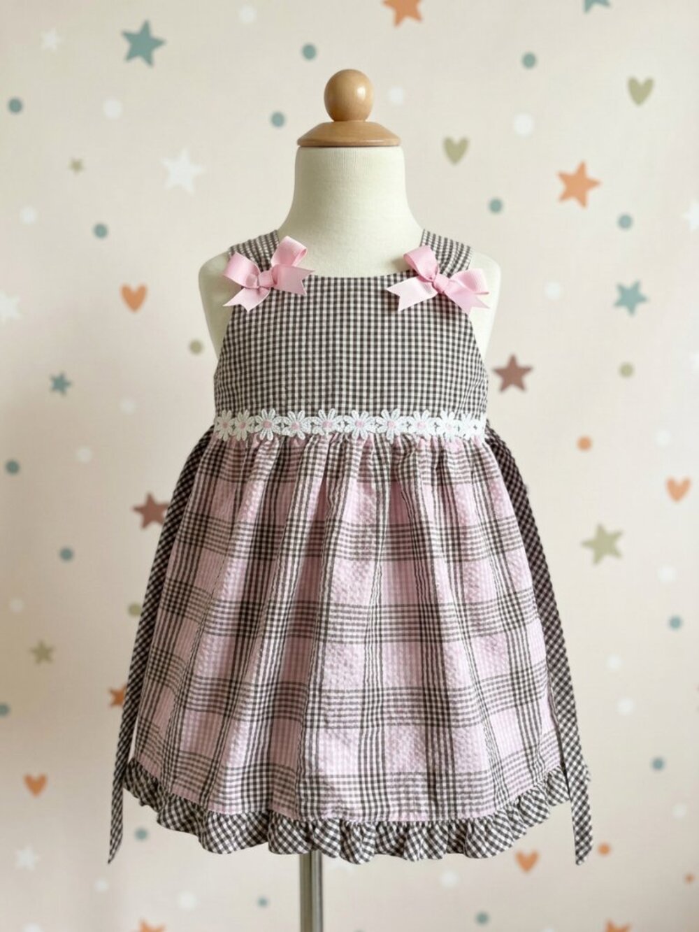 Rare Too Girls 3T Plaid Gingham Dress Pink Brown Daisy Trim Tie Waist